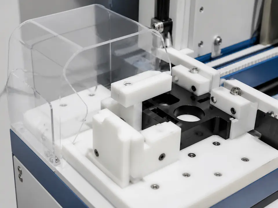 Industrial automation fixtures, guards and plastic guide components